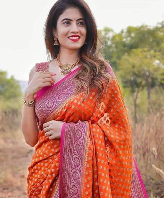 Vibrant orange silk blend saree 3