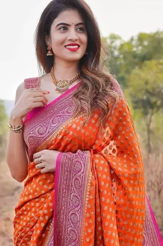 Vibrant orange silk blend saree