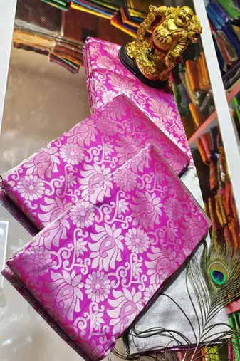 Elegant fuchsia pink and silver silk blend festive saree