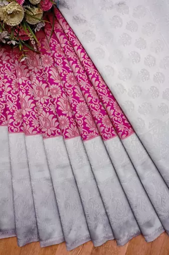 Elegant fuchsia pink and silver silk blend festive saree