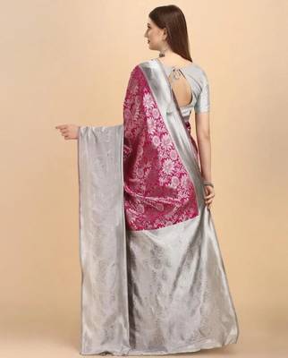 Elegant fuchsia pink and silver silk blend festive saree 4