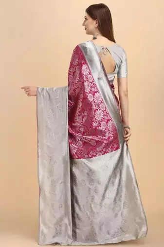 Elegant fuchsia pink and silver silk blend festive saree