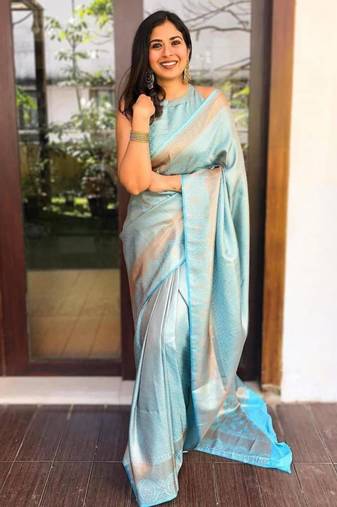 Serene sky blue silk blend saree with minimalist zari