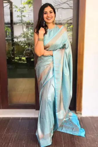 Serene sky blue silk blend saree with minimalist zari
