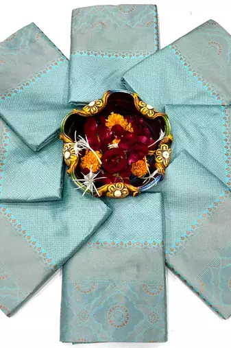 Serene sky blue silk blend saree with minimalist zari