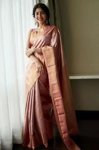 Soft rose gold and blush pink silk blend saree