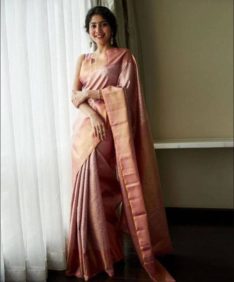 Soft rose gold and blush pink silk blend saree
