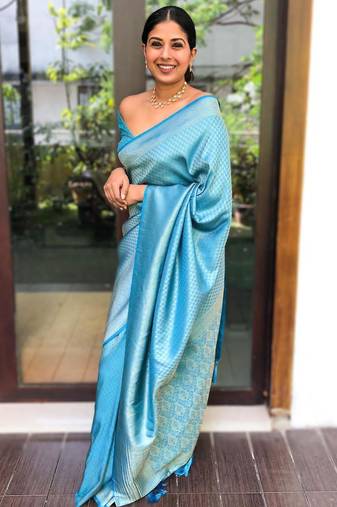 Shimmering cerulean blue silk blend saree with diamond weave