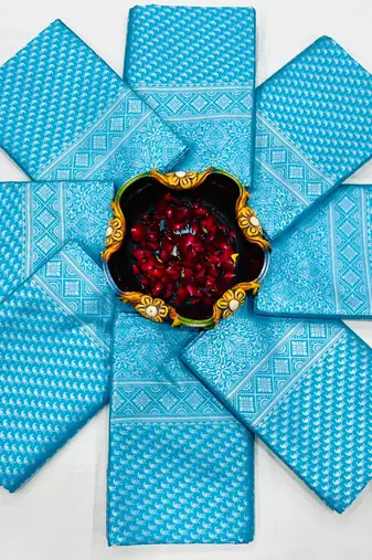 Shimmering cerulean blue silk blend saree with diamond weave