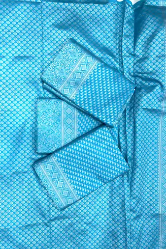 Shimmering cerulean blue silk blend saree with diamond weave