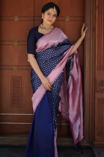 Midnight blue silk blend saree with lilac brocade border