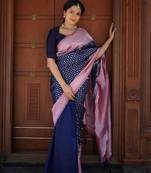 Midnight blue silk blend saree with lilac brocade border