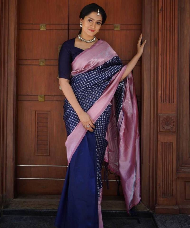 Midnight blue silk blend saree with lilac brocade border