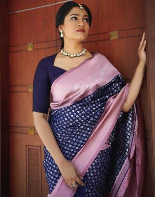 Midnight blue silk blend saree with lilac brocade border 2