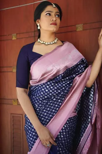 Midnight blue silk blend saree with lilac brocade border