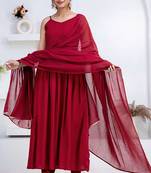 Maroon pintuck solid rayon stitched sleevless flared pant suit set