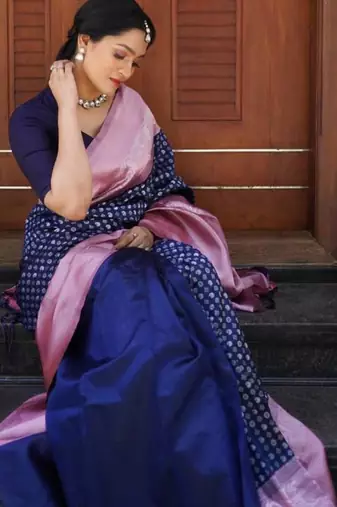 Midnight blue silk blend saree with lilac brocade border