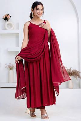 Maroon pintuck solid rayon stitched sleevless flared pant suit set 2
