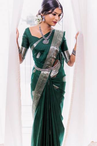 Emerald green silk blend saree with silver zari weave