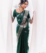 Emerald green silk blend saree with silver zari weave