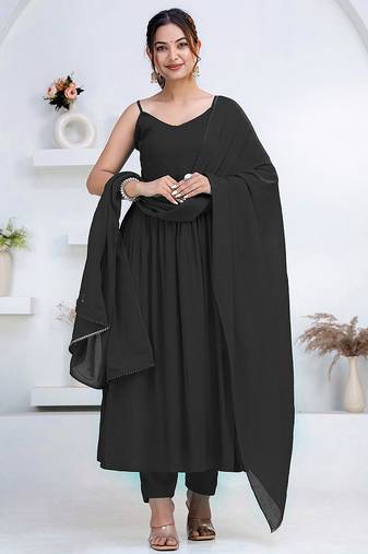 Black pintuck solid rayon stitched sleevless flared pant suit set