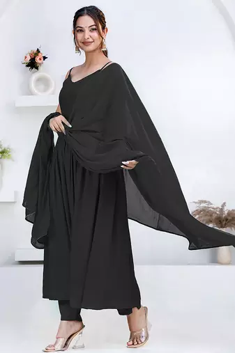 Black pintuck solid rayon stitched sleevless flared pant suit set