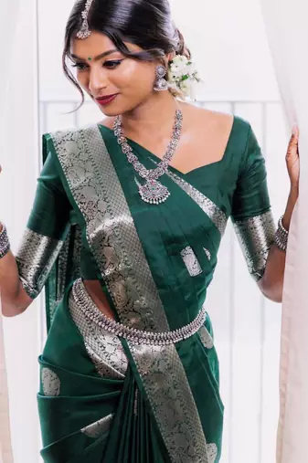Emerald green silk blend saree with silver zari weave