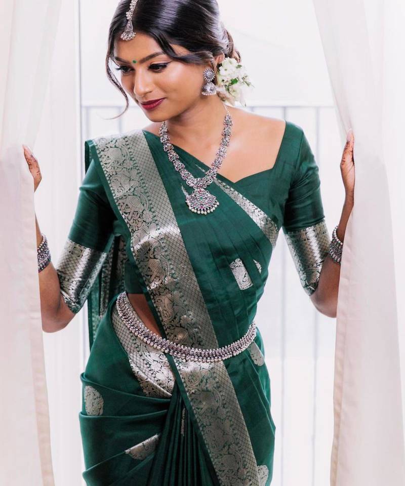 Emerald green silk blend saree with silver zari weave