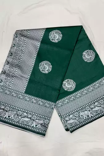 Emerald green silk blend saree with silver zari weave