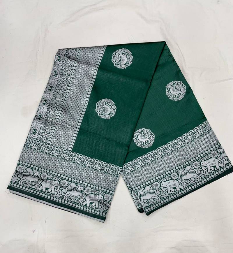 Emerald green silk blend saree with silver zari weave