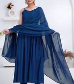 Blue pintuck solid rayon stitched sleevless flared pant suit set