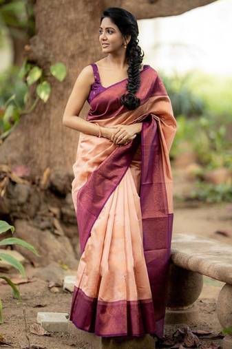 Peach and plum purple woven silk blend saree