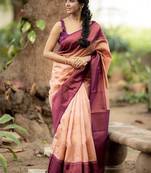Peach and plum purple woven silk blend saree