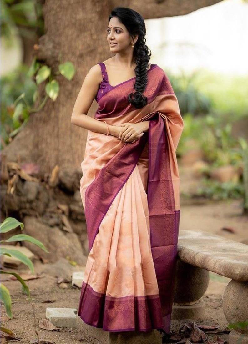Peach and plum purple woven silk blend saree