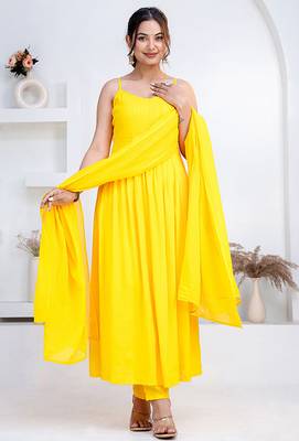 Yellow pintuck solid rayon stitched sleevless flared pant suit set 1