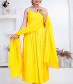 Yellow pintuck solid rayon stitched sleevless flared pant suit set