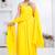 Yellow pintuck solid rayon stitched sleevless flared pant suit set