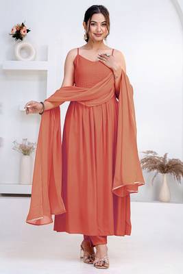 Peach pintuck solid rayon stitched sleevless flared pant suit set 1