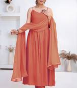 Peach pintuck solid rayon stitched sleevless flared pant suit set