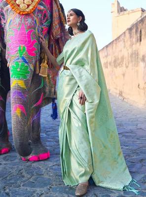 Mint green silk blend saree with gold brocade work 1