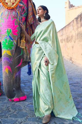 Mint green silk blend saree with gold brocade work