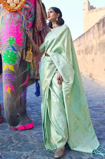 Mint green silk blend saree with gold brocade work