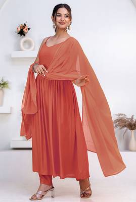 Peach pintuck solid rayon stitched sleevless flared pant suit set 2