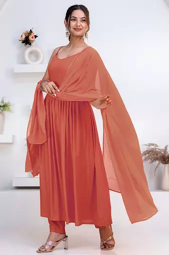 Peach pintuck solid rayon stitched sleevless flared pant suit set