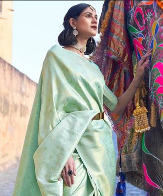 Mint green silk blend saree with gold brocade work 2