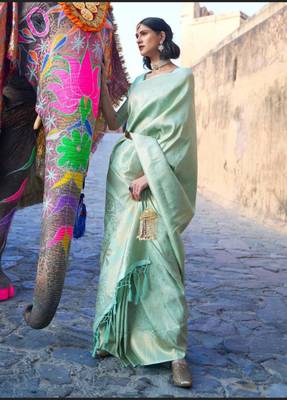 Mint green silk blend saree with gold brocade work 3