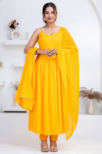 Mustard pintuck solid rayon stitched sleevless flared pant suit set