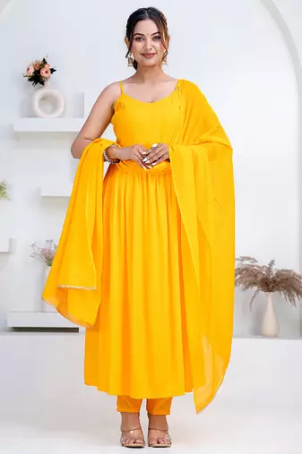 Mustard pintuck solid rayon stitched sleevless flared pant suit set