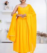 Mustard pintuck solid rayon stitched sleevless flared pant suit set