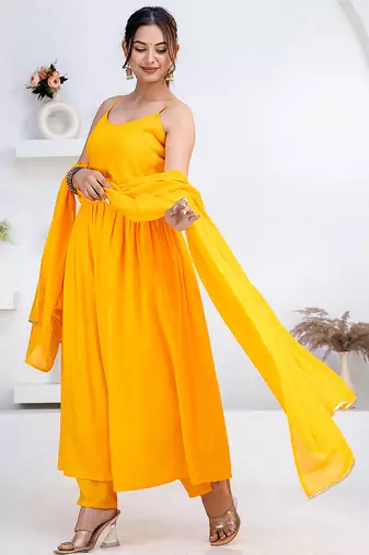 Mustard pintuck solid rayon stitched sleevless flared pant suit set